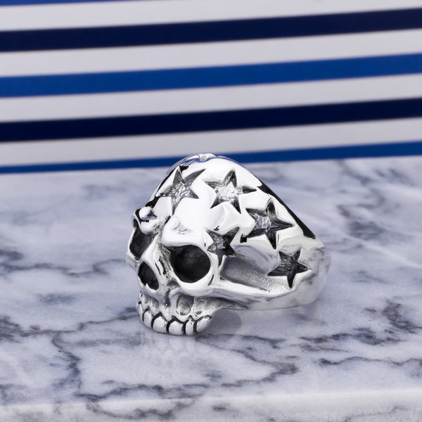 Vintage Silver Skull And Stars Ring