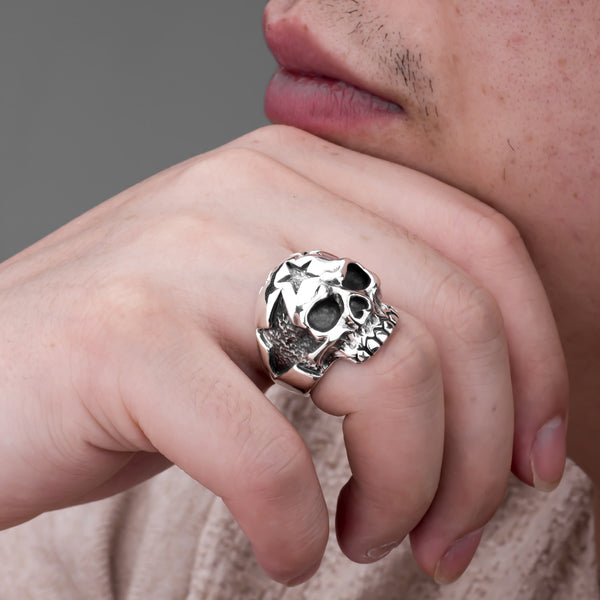 Vintage Silver Skull And Stars Ring